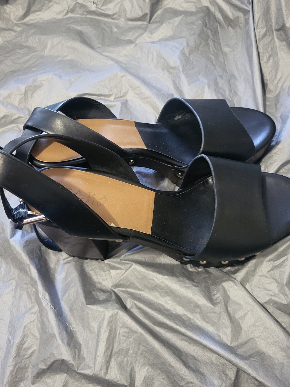 Zara Studded Black Leather Platform Sandals with Chunky Wood Heel - Picture 7 of 13